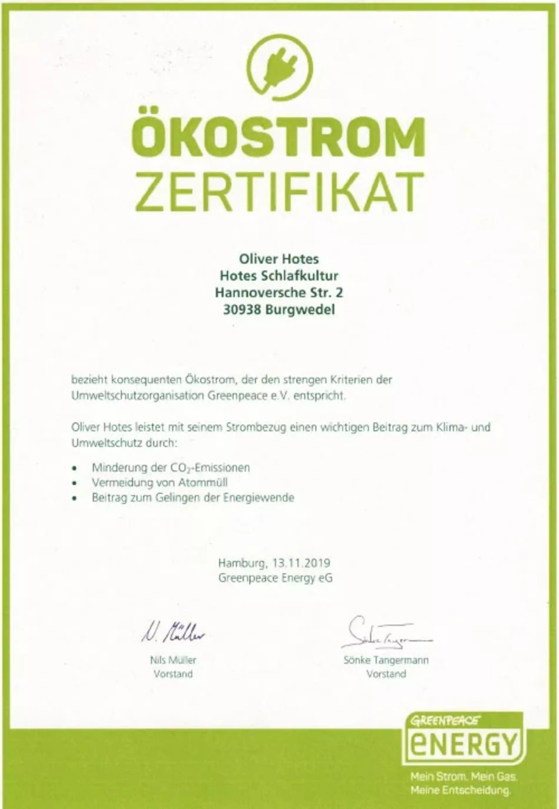 Ökostrom Zertifikat